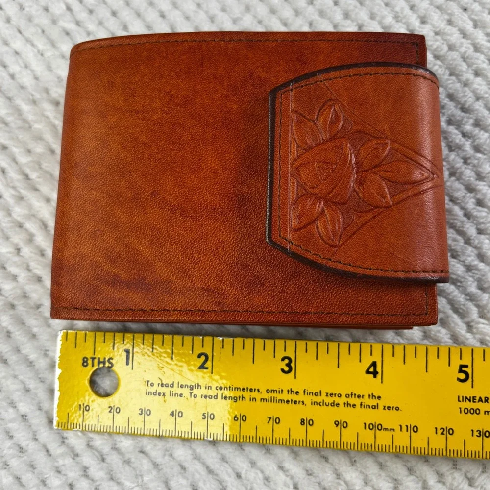 Vintage Rolfs Cowhide Leather Wallet‎ Tan Brown Embossed Floral Rose Bifold Snap